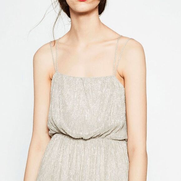 Like New Zara Iridescent Champagne Shimmer Delicate Strappy Midi Dress - Picture 8 of 12